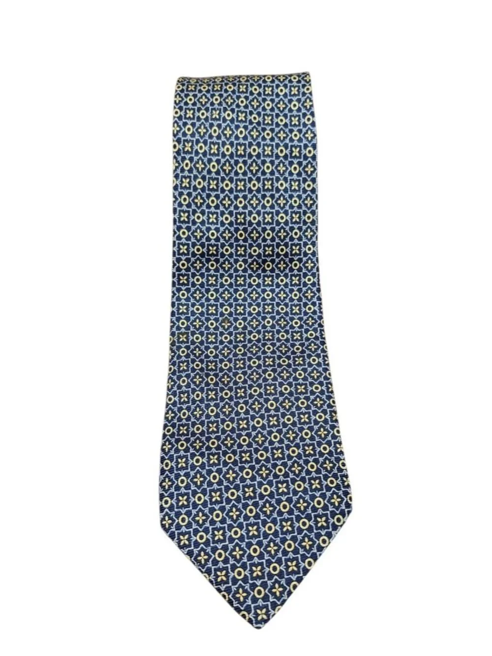 Burberry London 100% Silk Navy Gold Geometric Medallion Tie Made Italy